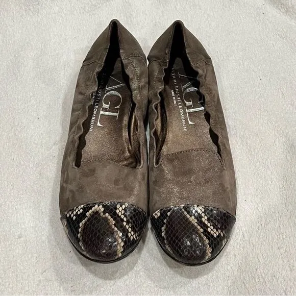 AGL Shimmer Taupe Leather Ballet Flats with Snake Print Cap 39