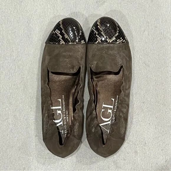 AGL Shimmer Taupe Leather Ballet Flats with Snake Print Cap 39