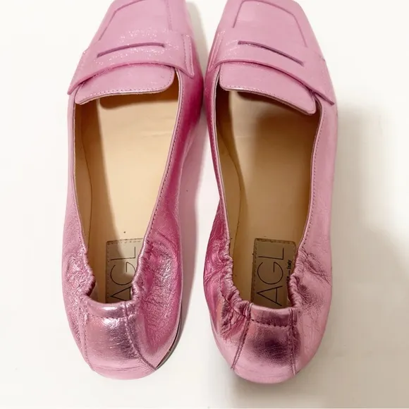 AGL Womens Rina Leather Metallic Pink Italy Ballet Square Toe Penny Loafer Sz 38