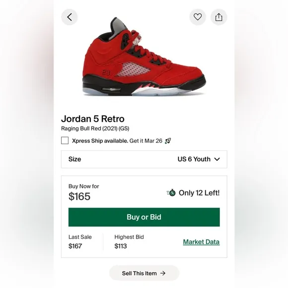 Air Jordan 5 Retro GS size 6 Raging Bull