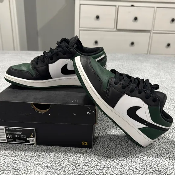 Air Jordan Low Sneakers in Black, White, and Green