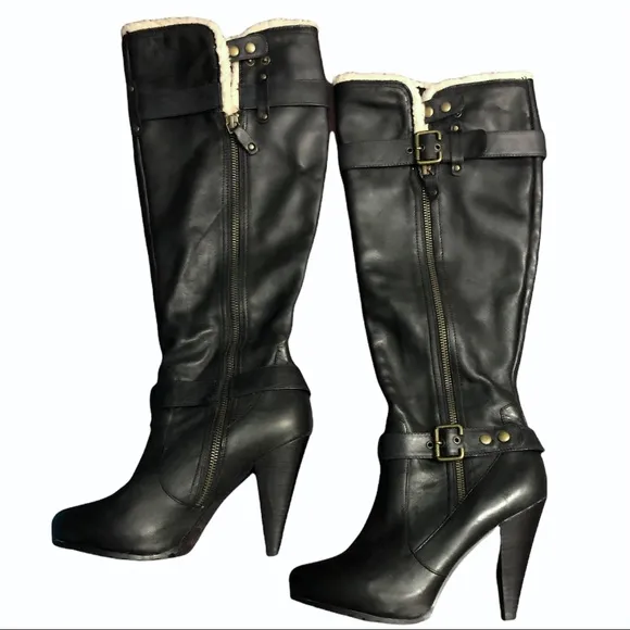 ALDO Black Leather Knee Boots w/ Faux Shearling Trim Sz 7.5 (38)