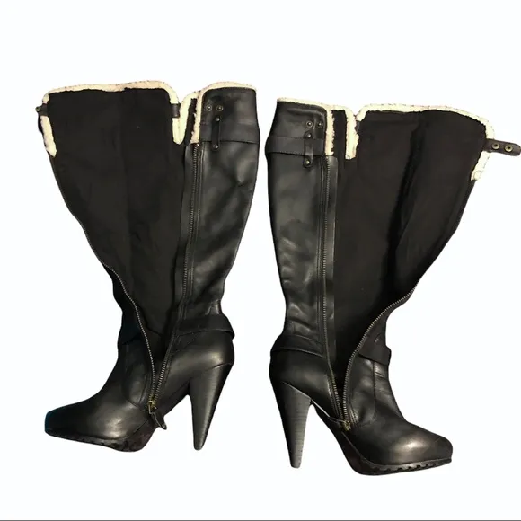 ALDO Black Leather Knee Boots w/ Faux Shearling Trim Sz 7.5 (38)