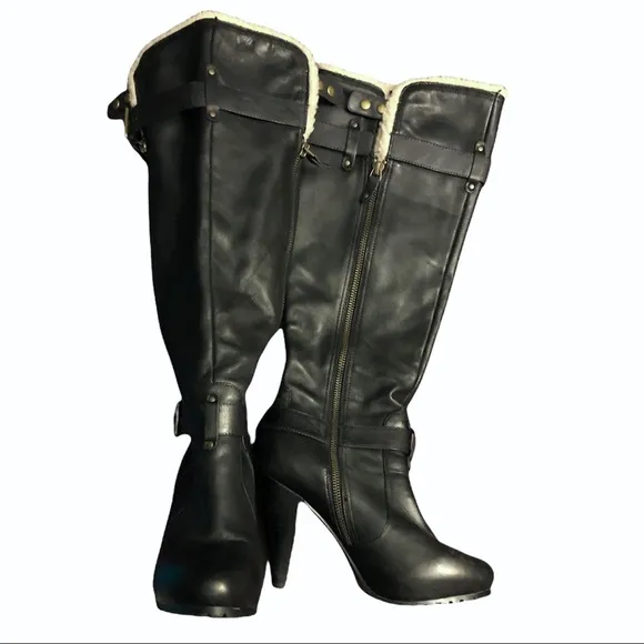 ALDO Black Leather Knee Boots w/ Faux Shearling Trim Sz 7.5 (38)