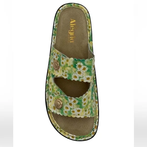 Alegria Sandra Genuine Leather Adjustable ComingUp Daises Floral Slide Sandals