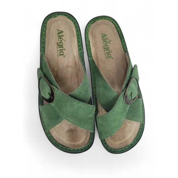 Alegria Vanya Green Suede Comfort Slides Size 9.5-10 | Arch Support Sandals