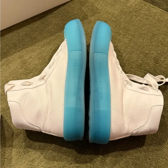 Alexander McQueen clean!!!! White Sneakers with sky Blue Soles worn once.