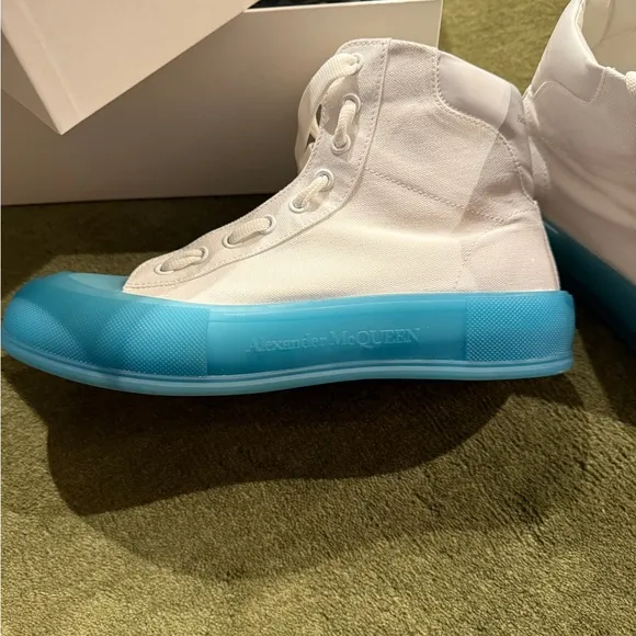 Alexander McQueen clean!!!! White Sneakers with sky Blue Soles worn once.
