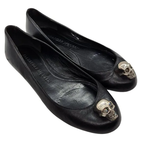 Alexander McQueen Silver Skull City Ballet Flat 37.5 7.5 Nappa Leather Ballerina