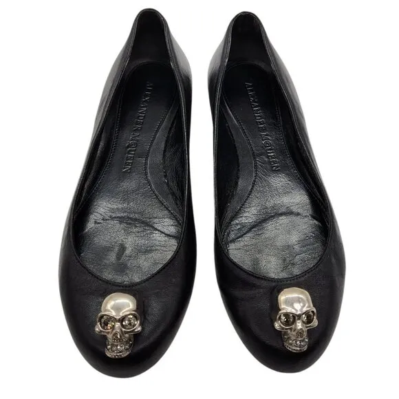 Alexander McQueen Silver Skull City Ballet Flat 37.5 7.5 Nappa Leather Ballerina