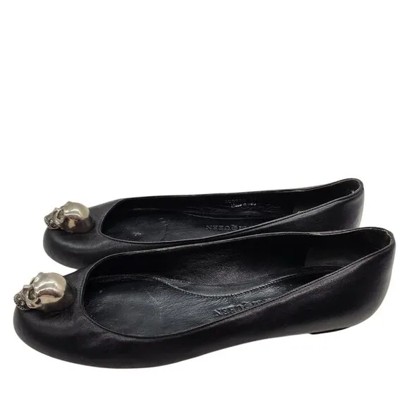 Alexander McQueen Silver Skull City Ballet Flat 37.5 7.5 Nappa Leather Ballerina