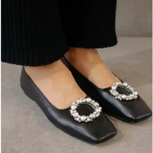 Alohas Bella Crystal Ballet Flats Black Pearl Leather Square Toe Sz 37 / 6.5