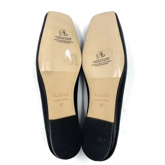 Alohas Bella Crystal Ballet Flats Black Pearl Leather Square Toe Sz 37 / 6.5