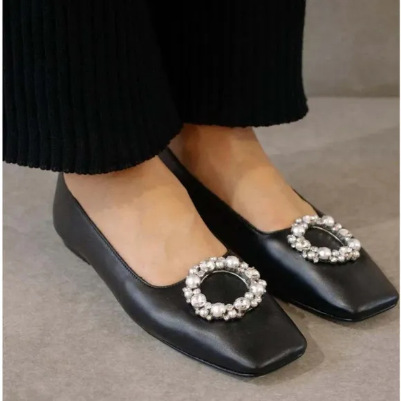 Alohas Bella Crystal Ballet Flats Black Pearl Leather Square Toe Sz 37 / 6.5