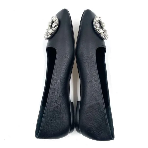 Alohas Bella Crystal Ballet Flats Black Pearl Leather Square Toe Sz 37 / 6.5