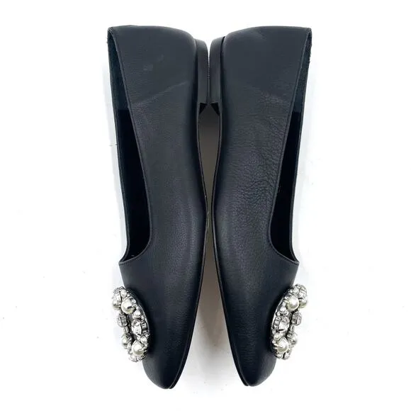 Alohas Bella Crystal Ballet Flats Black Pearl Leather Square Toe Sz 37 / 6.5