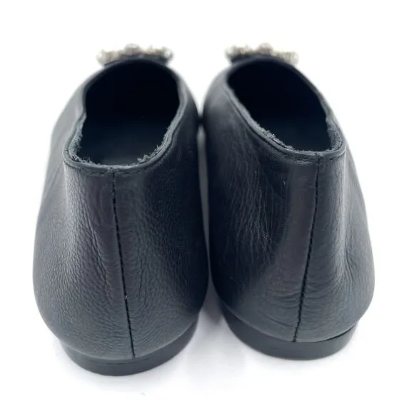 Alohas Bella Crystal Ballet Flats Black Pearl Leather Square Toe Sz 37 / 6.5