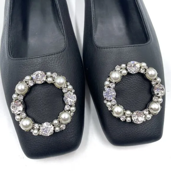 Alohas Bella Crystal Ballet Flats Black Pearl Leather Square Toe Sz 37 / 6.5