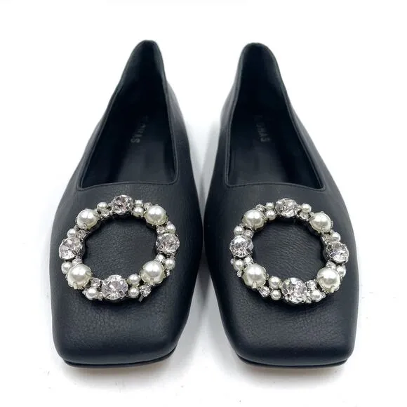 Alohas Bella Crystal Ballet Flats Black Pearl Leather Square Toe Sz 37 / 6.5
