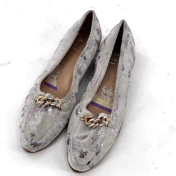 Amalfi Rangoni Oste Loafers 8.5 NWOT White Silver Gold Chain Flats Italian Luxe