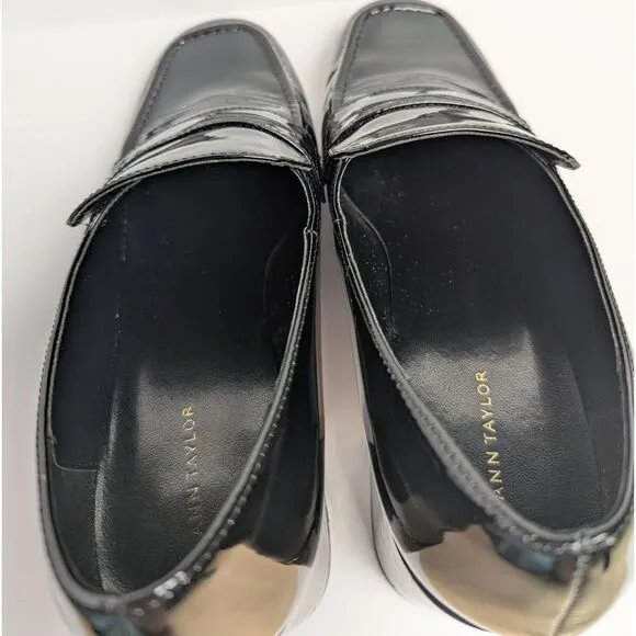 Ann Taylor Black Patent Leather Loafer Block Heel Square Toe Pumps Womens 8