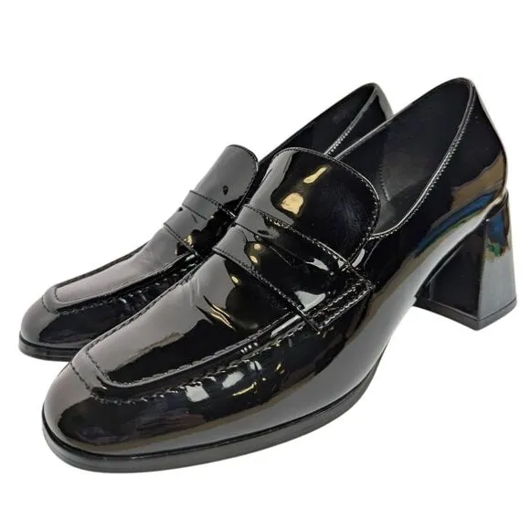 Ann Taylor Black Patent Leather Loafer Block Heel Square Toe Pumps Womens 8