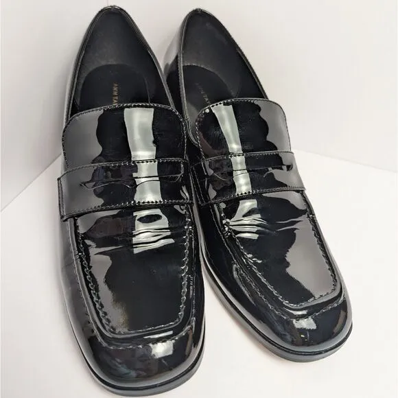 Ann Taylor Black Patent Leather Loafer Block Heel Square Toe Pumps Womens 8