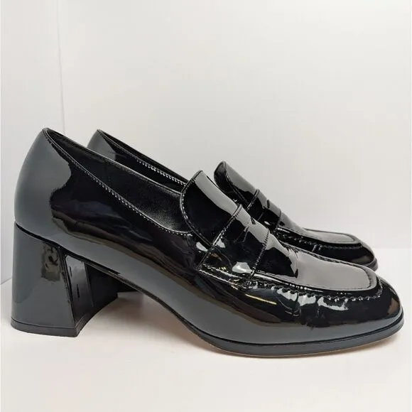 Ann Taylor Black Patent Leather Loafer Block Heel Square Toe Pumps Womens 8