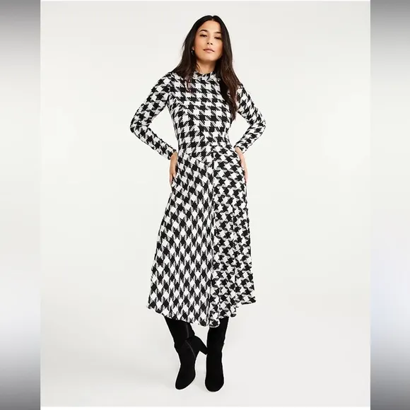 Ann Taylor Houndstooth Mock Neck Midi Dress | Size 14