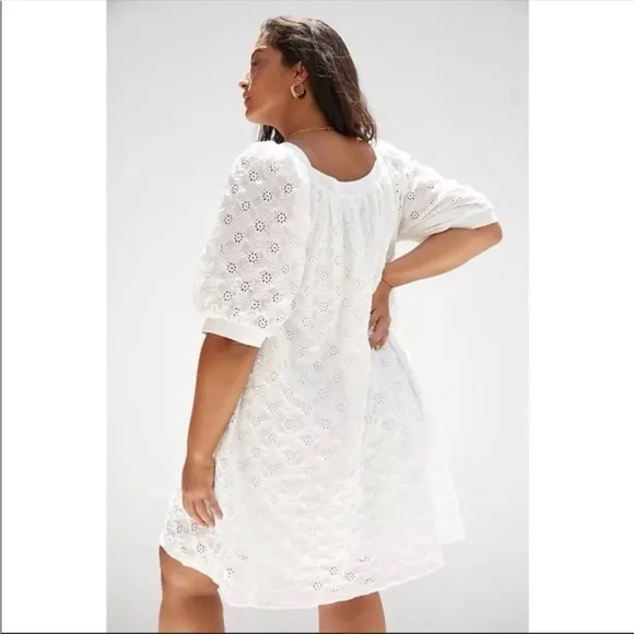 ANTHROPOLOGIE Eyelet Mini Dress Square Neck Oversized White Size XS NWT