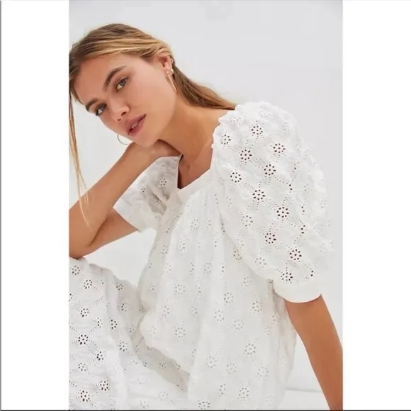 ANTHROPOLOGIE Eyelet Mini Dress Square Neck Oversized White Size XS NWT