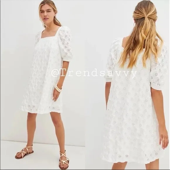 ANTHROPOLOGIE Eyelet Mini Dress Square Neck Oversized White Size XS NWT