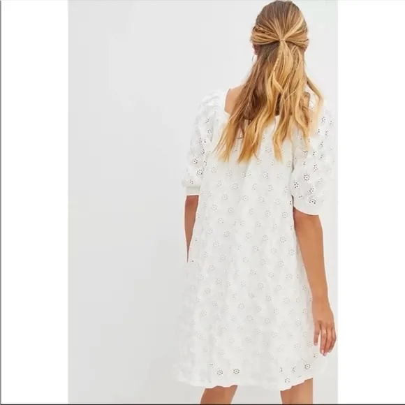 ANTHROPOLOGIE Eyelet Mini Dress Square Neck Oversized White Size XS NWT