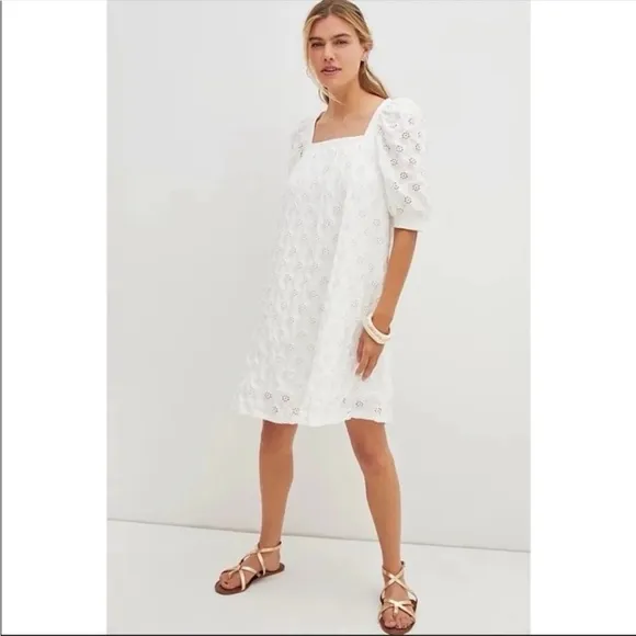 ANTHROPOLOGIE Eyelet Mini Dress Square Neck Oversized White Size XS NWT