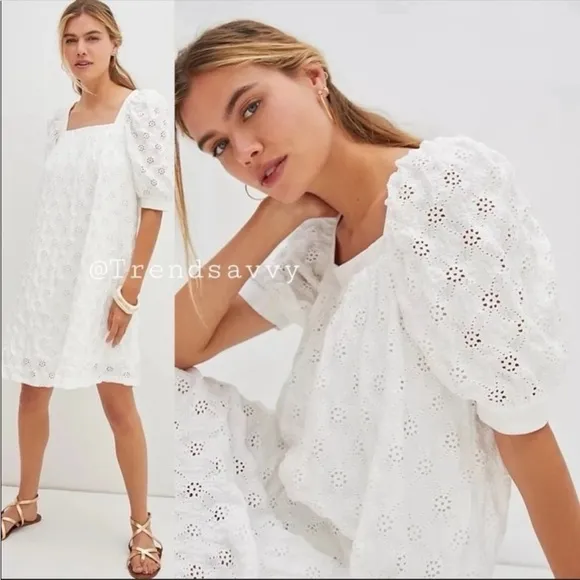 ANTHROPOLOGIE Eyelet Mini Dress Square Neck Oversized White Size XS NWT