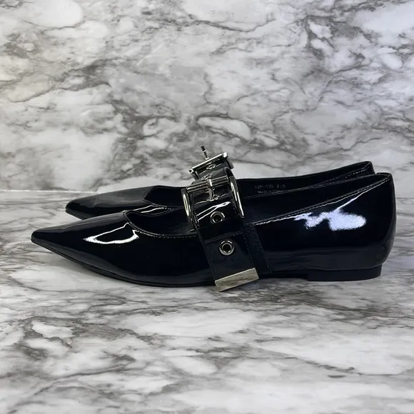 Anthropologie Jeffrey Campbell Women's Black Lilly Buckle Slingback Flats 7.5