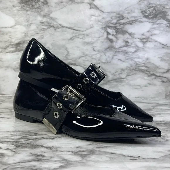 Anthropologie Jeffrey Campbell Women's Black Lilly Buckle Slingback Flats 7.5