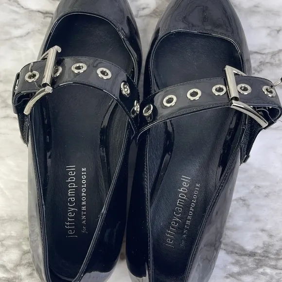Anthropologie Jeffrey Campbell Women's Black Lilly Buckle Slingback Flats 7.5