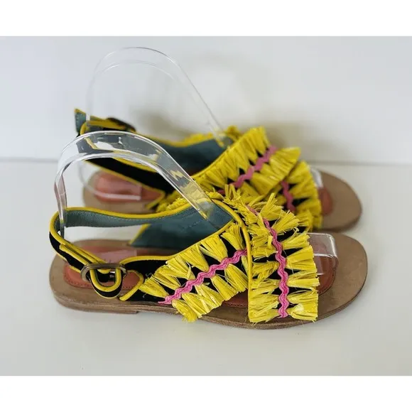 Anthropologie Meher Kakalia Ponza Liku Black Yellow Motif Slingback Flats EU37/6