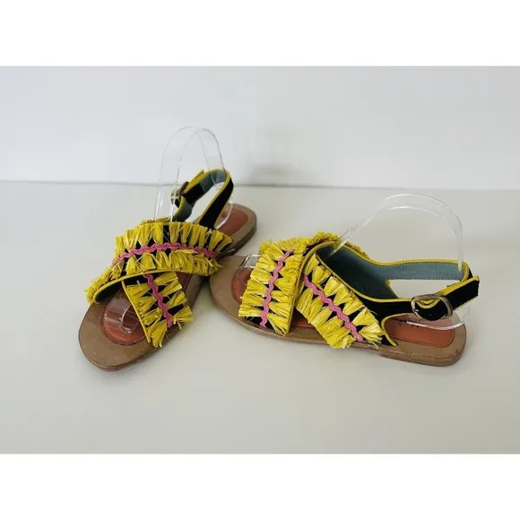 Anthropologie Meher Kakalia Ponza Liku Black Yellow Motif Slingback Flats EU37/6