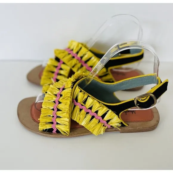 Anthropologie Meher Kakalia Ponza Liku Black Yellow Motif Slingback Flats EU37/6
