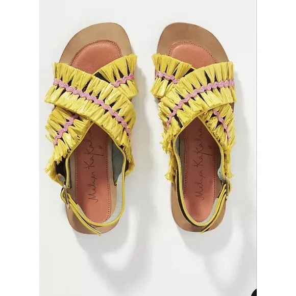 Anthropologie Meher Kakalia Ponza Liku Black Yellow Motif Slingback Flats EU37/6