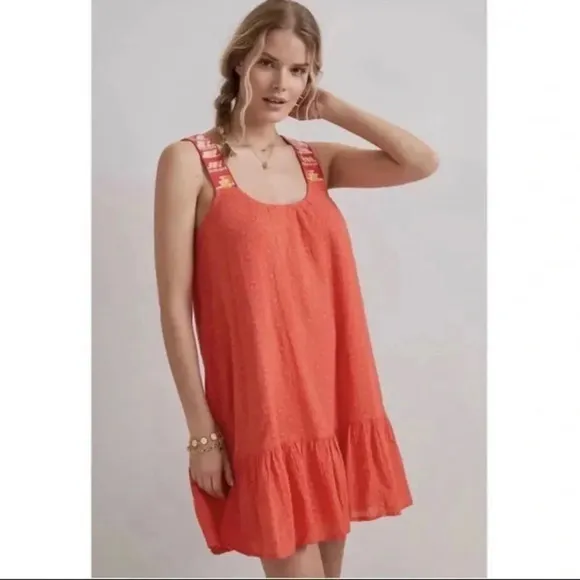 Anthropologie Coral Embroidered Flounced HemShort Tunic Dress M