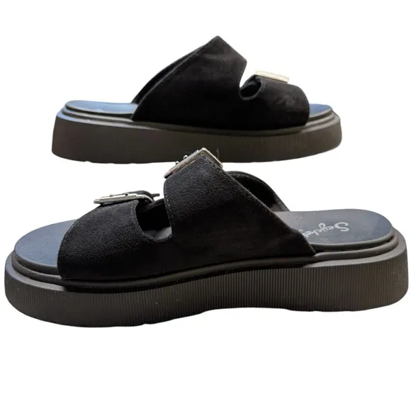 Anthropology Seychelles Womens Double Buckle Platform Black Sandals Sz 7.5