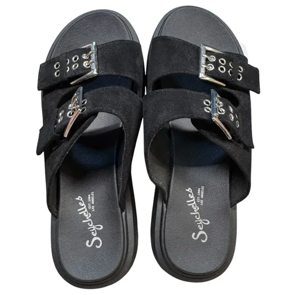 Anthropology Seychelles Womens Double Buckle Platform Black Sandals Sz 7.5