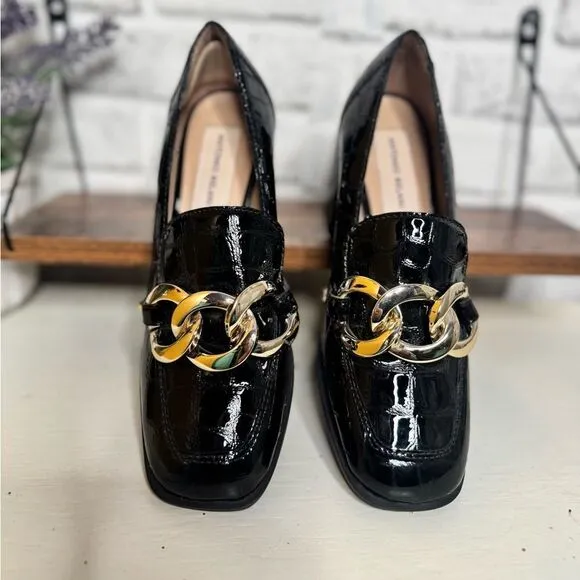 Antonio Melani Genuine Black Patent Leather Loafers, Gold Buckles Size 5.5