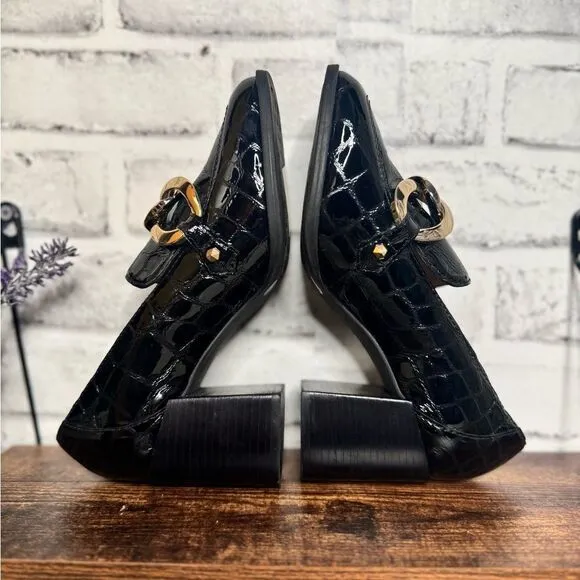 Antonio Melani Genuine Black Patent Leather Loafers, Gold Buckles Size 5.5