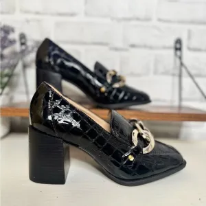Antonio Melani Genuine Black Patent Leather Loafers, Gold Buckles Size 5.5