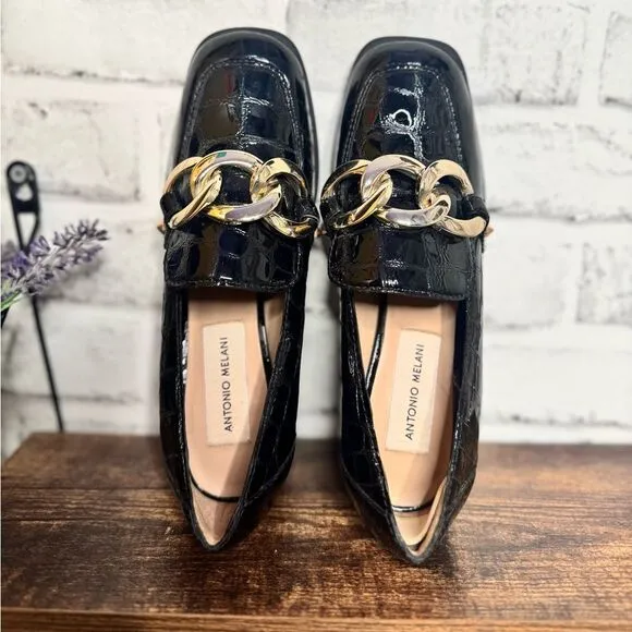 Antonio Melani Genuine Black Patent Leather Loafers, Gold Buckles Size 5.5