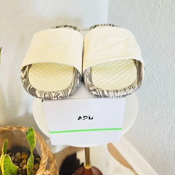 APL Women's Big Logo TechLoom Slide Sandals, Vegan, Silver Marble, Size 7 NWT